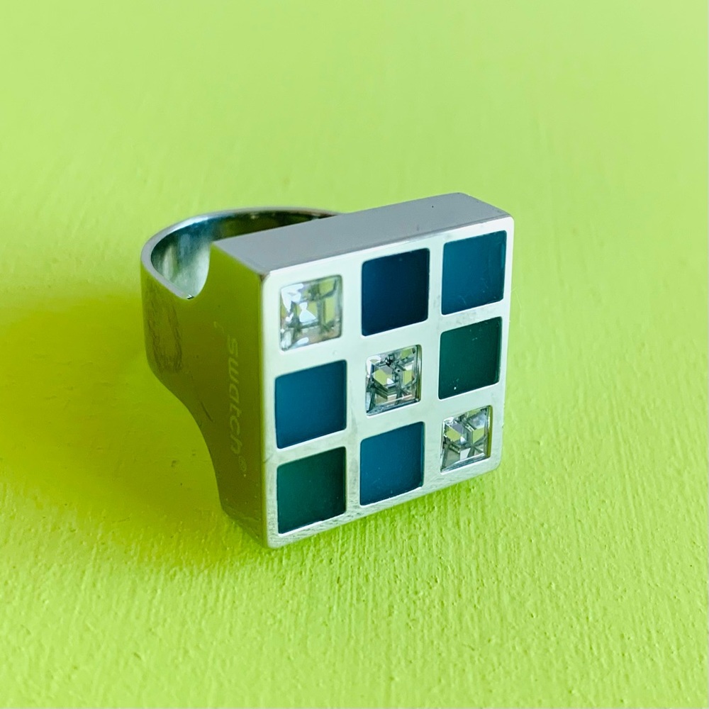 Swatch Bijoux Square Ring with Clear Crystals and Blue and Green